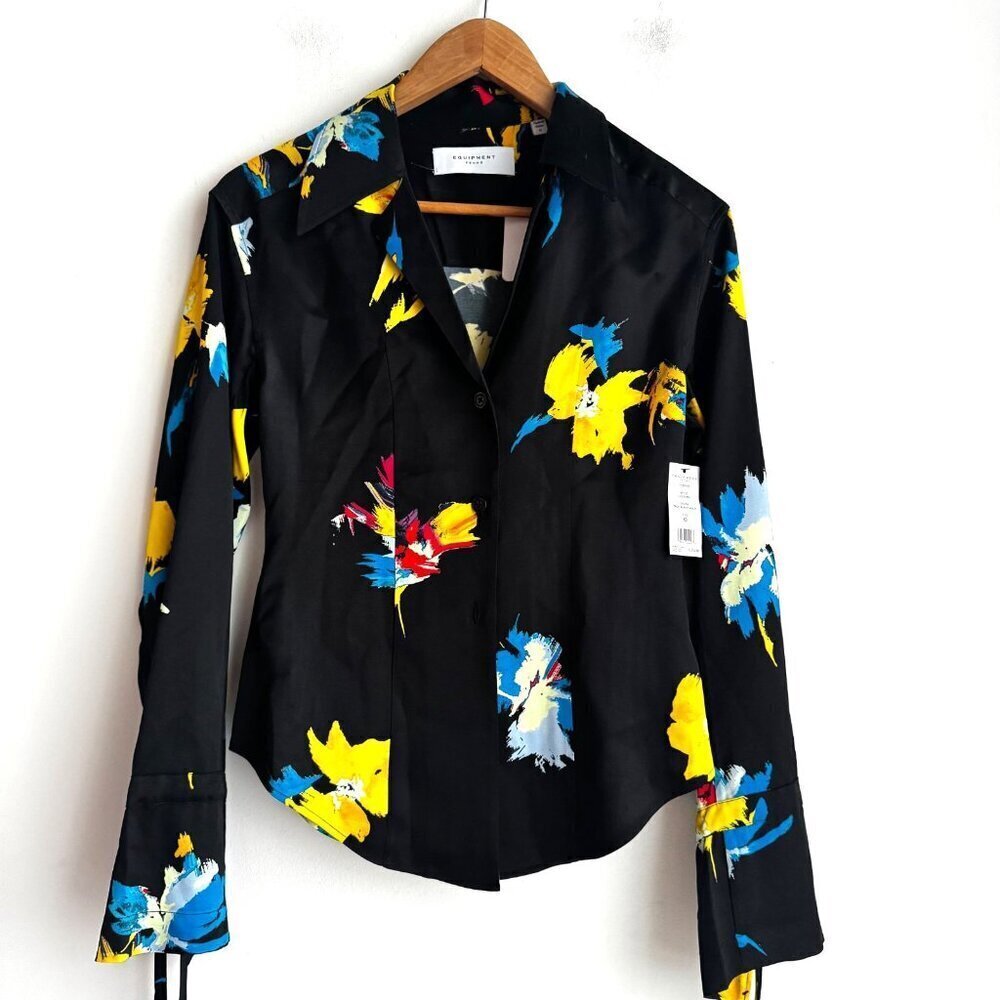 Equipment Femme Black Floral Satin Viscose Button Down Blouse 0